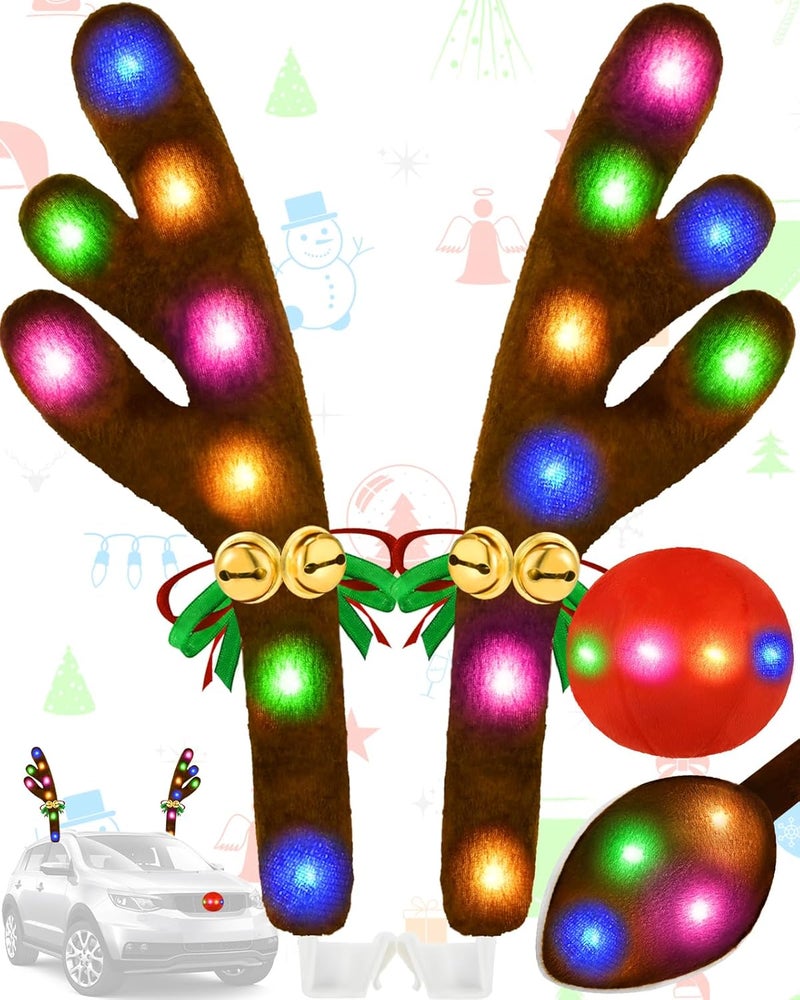 Dergo Christmas Reindeer Antlers Car Decoration Kit, LED Multicolor Lights Nose Vehicle with Jingle Bells Rudolph, Auto Holiday Accessories for SUV Van Truck Decor - Image 1